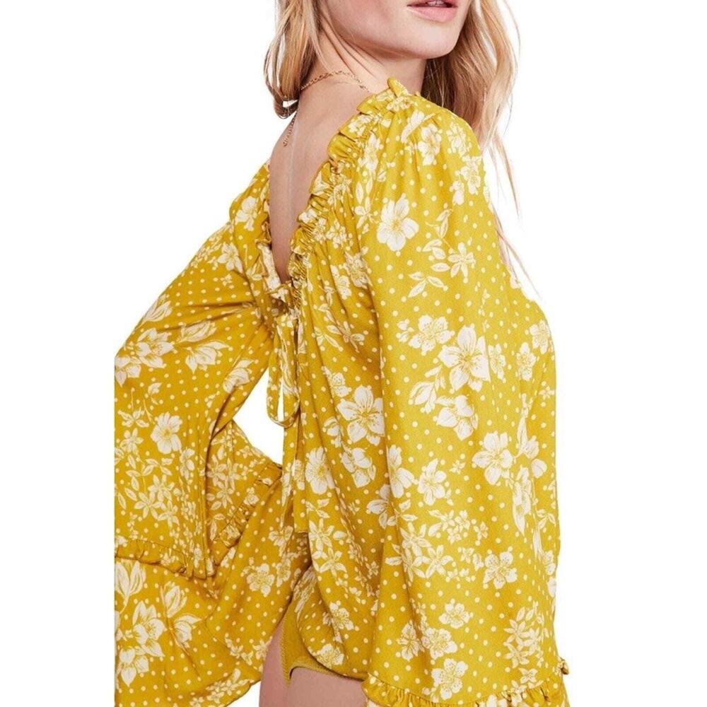 Free People One On One Date Bodysuit Marigold Yellow Floral Bell Sleeve XS Boho - Picture 2 of 14